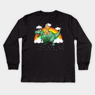 T Rex Dinosaur Riding Yorkie Dog Kids Long Sleeve T-Shirt